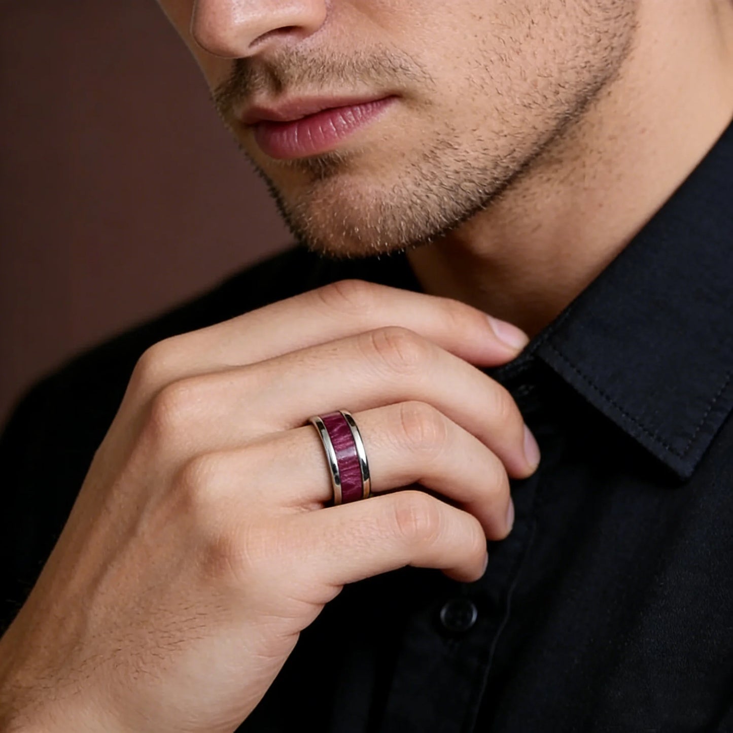 8mm Purple Red Wood Grain Stainless Steel Ring, Cool Promise Wedding Band for Men & Women, Comfort Fit, Wedding Band Jewelry