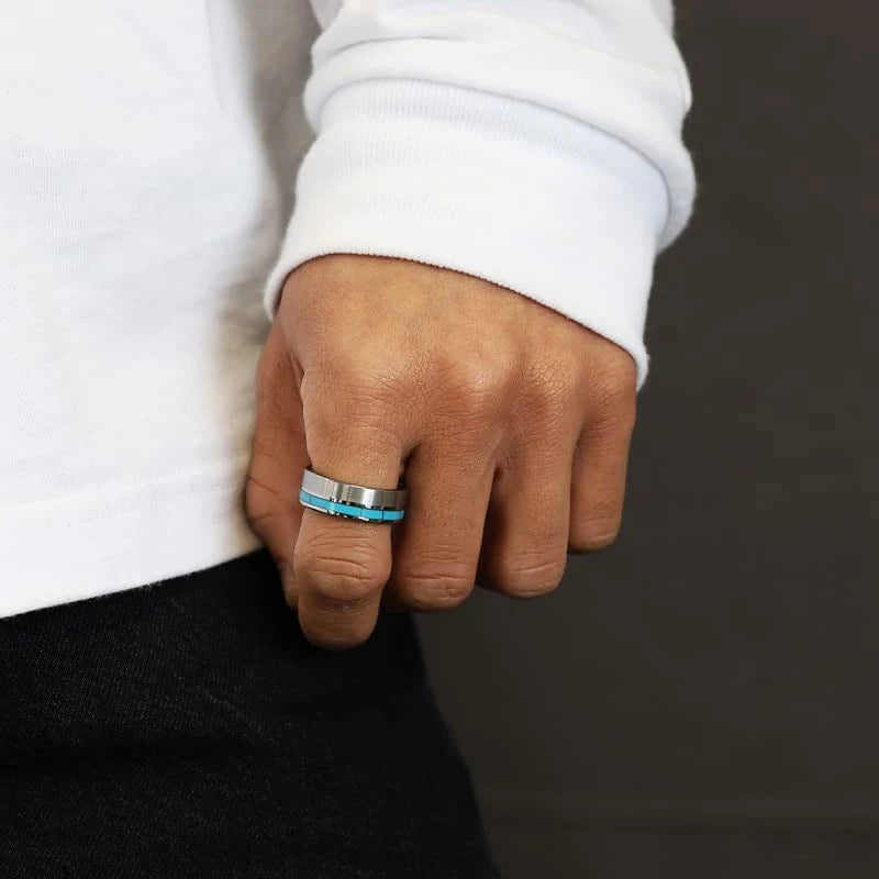 Fashion 8mm Men Silver Color Stainless Steel Ring Blue Turquoise Stone Inlaid Polished Flat Ring For Men Wedding Band Jewelry