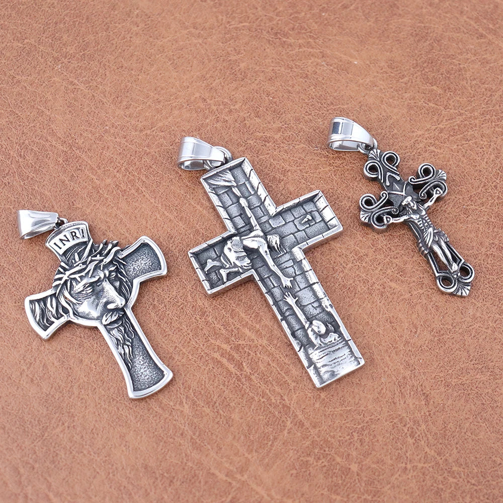 Vintage Stainless Steel Jesus Cross Necklace Men's Classic Religious Believer INRI Cross Pendant Jewelry Creative Gift