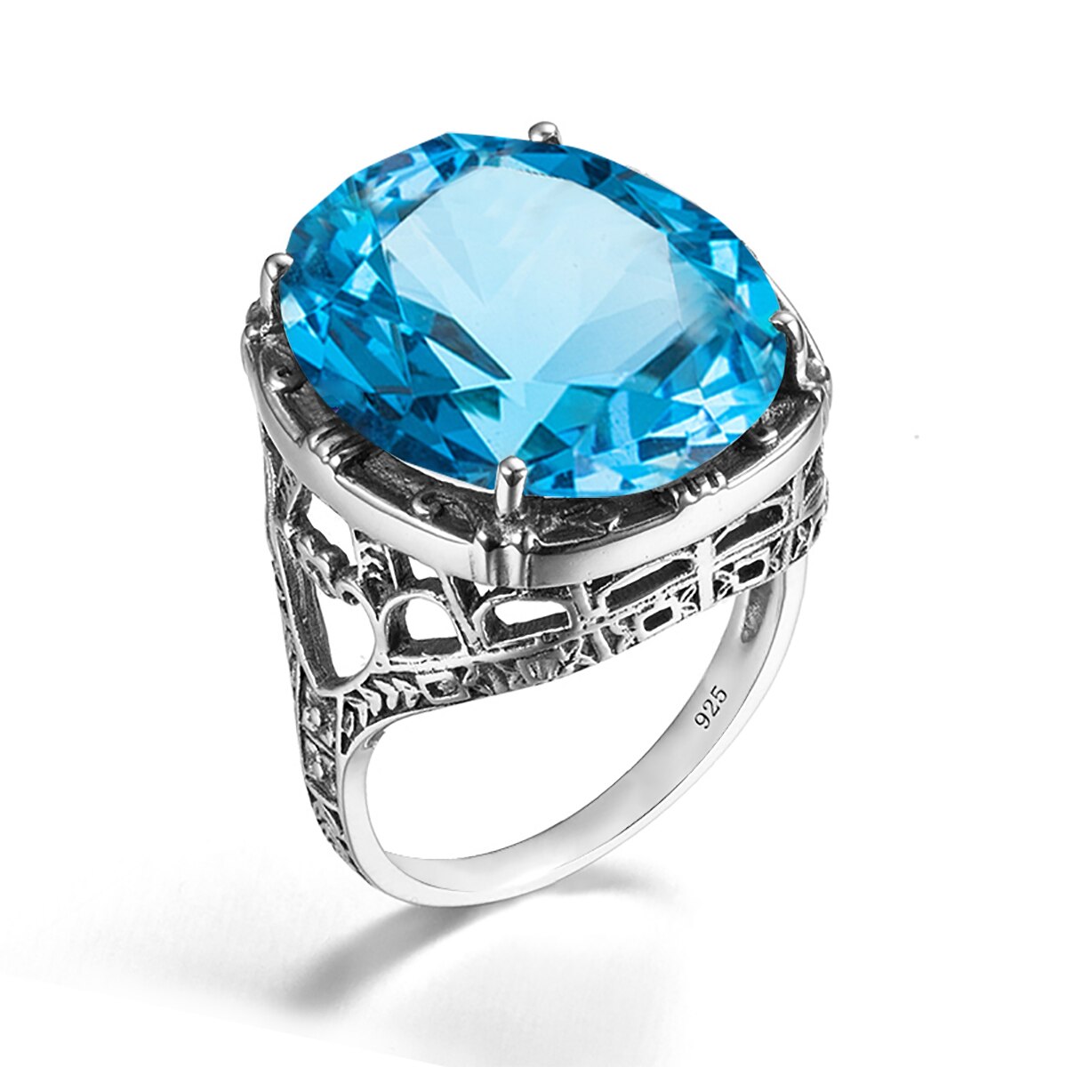 Real 925 Silver Women Amethyst Gemstone Ring Wedding Rings Handmade Processing Victorian Antique Jewelry Blue Topaz