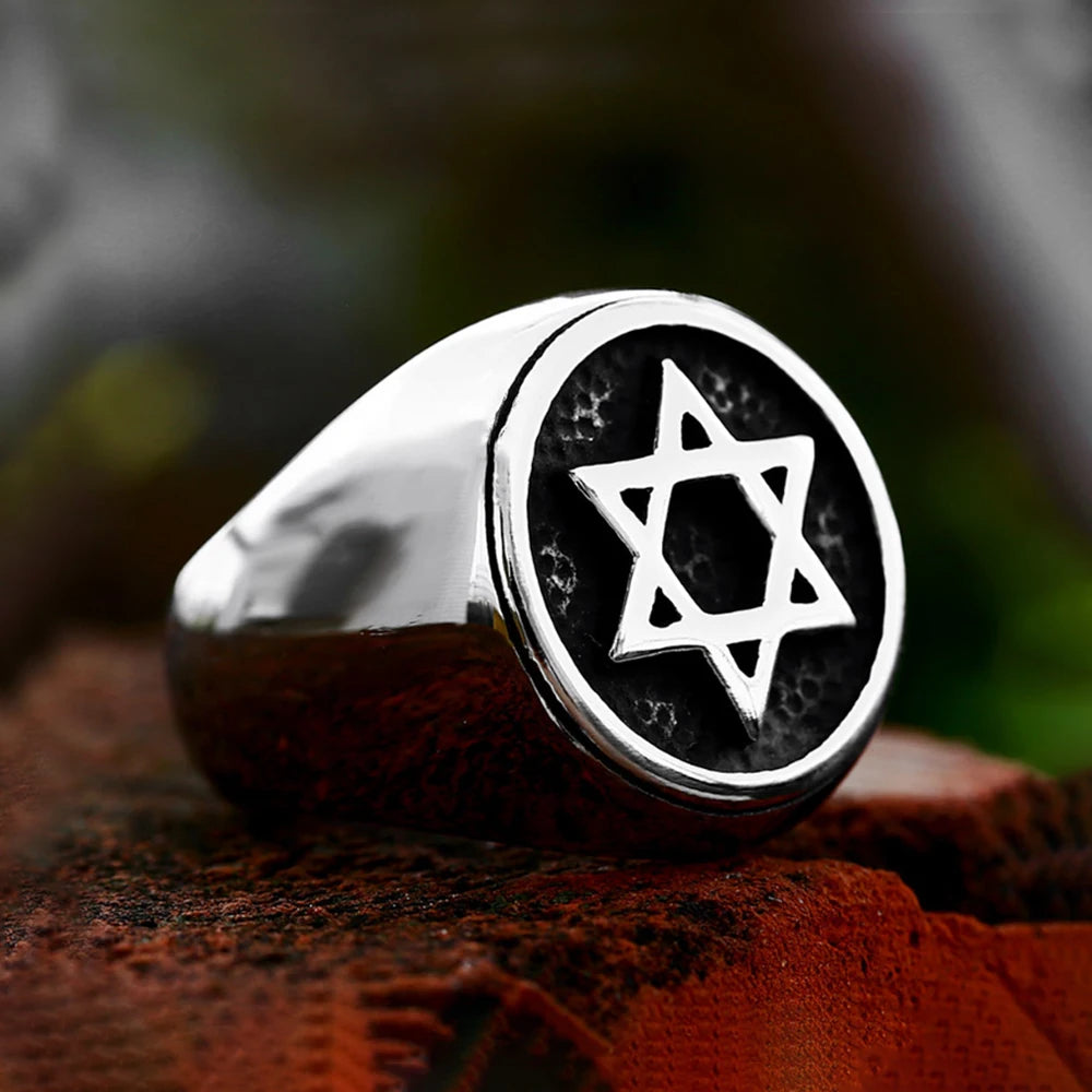 Fashion Retro Star of David Ring Punk Hip Hop Stainless Steel Men Woman Hexagram Ring Motorcycle Amulet Jewelry Gift Wholesale