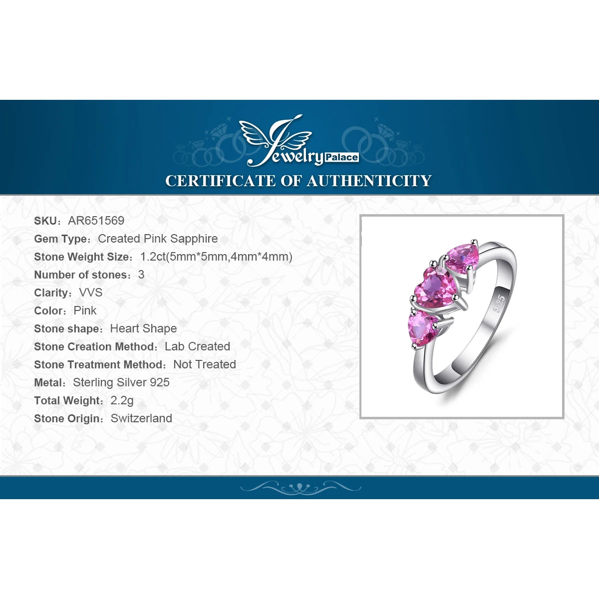 JewelryPalace Love Heart 1.2ct Created Pink Sapphire 925 Sterling Silver 3 stone Ring for Women Fashion Engagement Wedding Gift