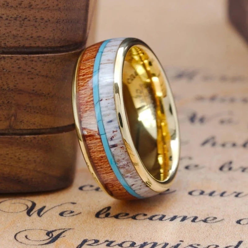 Fashion 8mm Black Stainless Steel Arrow Rings For Men Hawaiian Koa Wood Inlay Rings Men Wedding Band Jewelry Wholesale