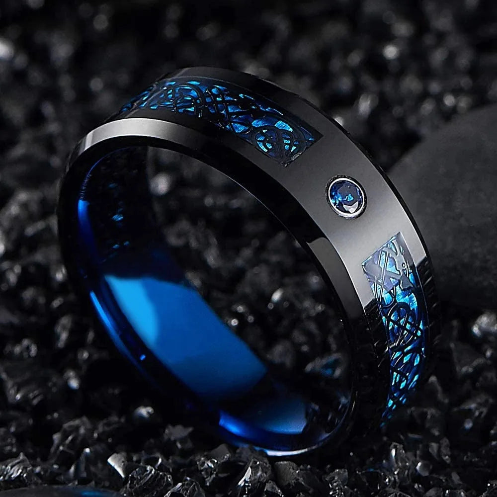 Fashion 8mm Black Tungsten Wedding Celtic Dragon Rings Inlaid Blue Zircon Stainless Steel Rings for Men Blue Carbon Fibre Ring