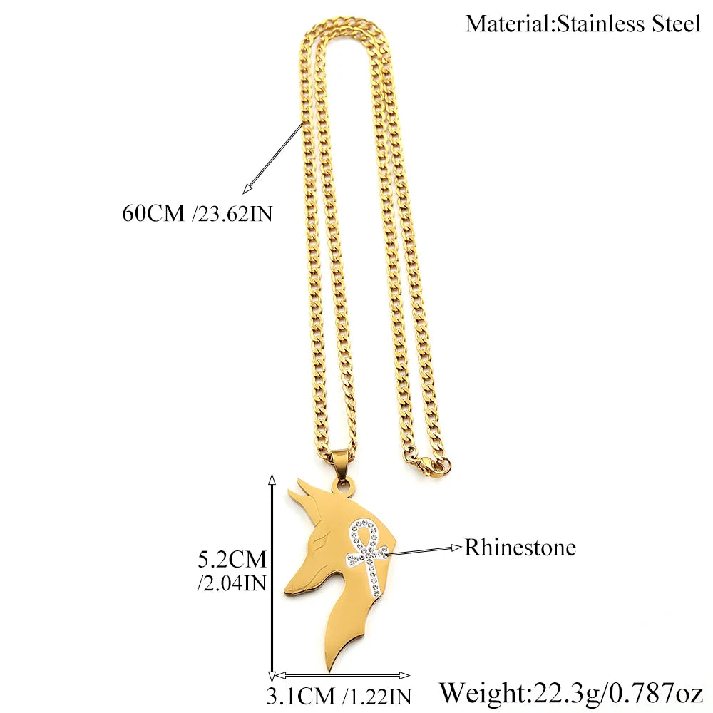 Anubis Egyptian Rhinestones Ankh Cross Symbol Stainless Steel Pendant Necklace for Women Men Gold Color Chain Necklaces Jewelry