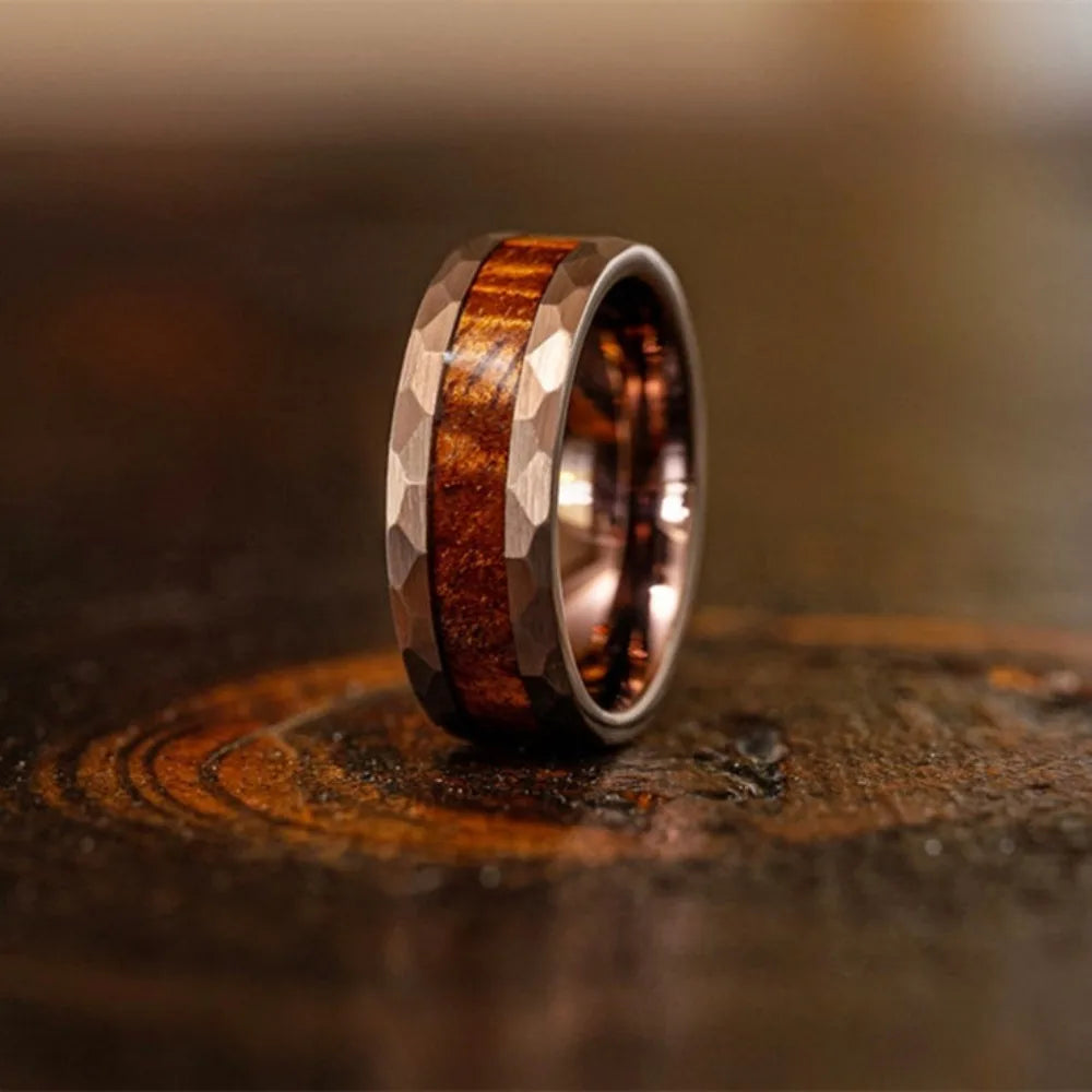 Luxury 8MM Koa Wood Inlay Stainless Steel Rings Bevel Edge Men's Steel Jewelry Polished Wedding Engagement Band Ring Wholesale