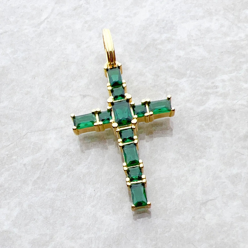 Gold Plated Cross Green Stones Pendant Brand New Fine Jewelry 925 Sterling Silver Accessories Stylish Gift For Woman