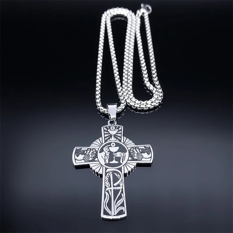 Christian Christ Eucharist Halo Grape Juice Cross Necklace Stainless Steel Men Women Catholic Holy Spirit Church Chain Jewelry