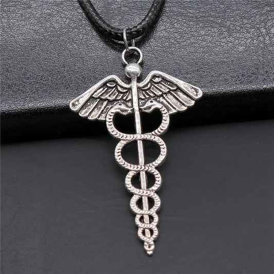 Unisex Retro Vintage Antique Silver Color 49x30mm Caduceus Medical Symbol Pendant Faux Black Leather Rope Chain Necklace