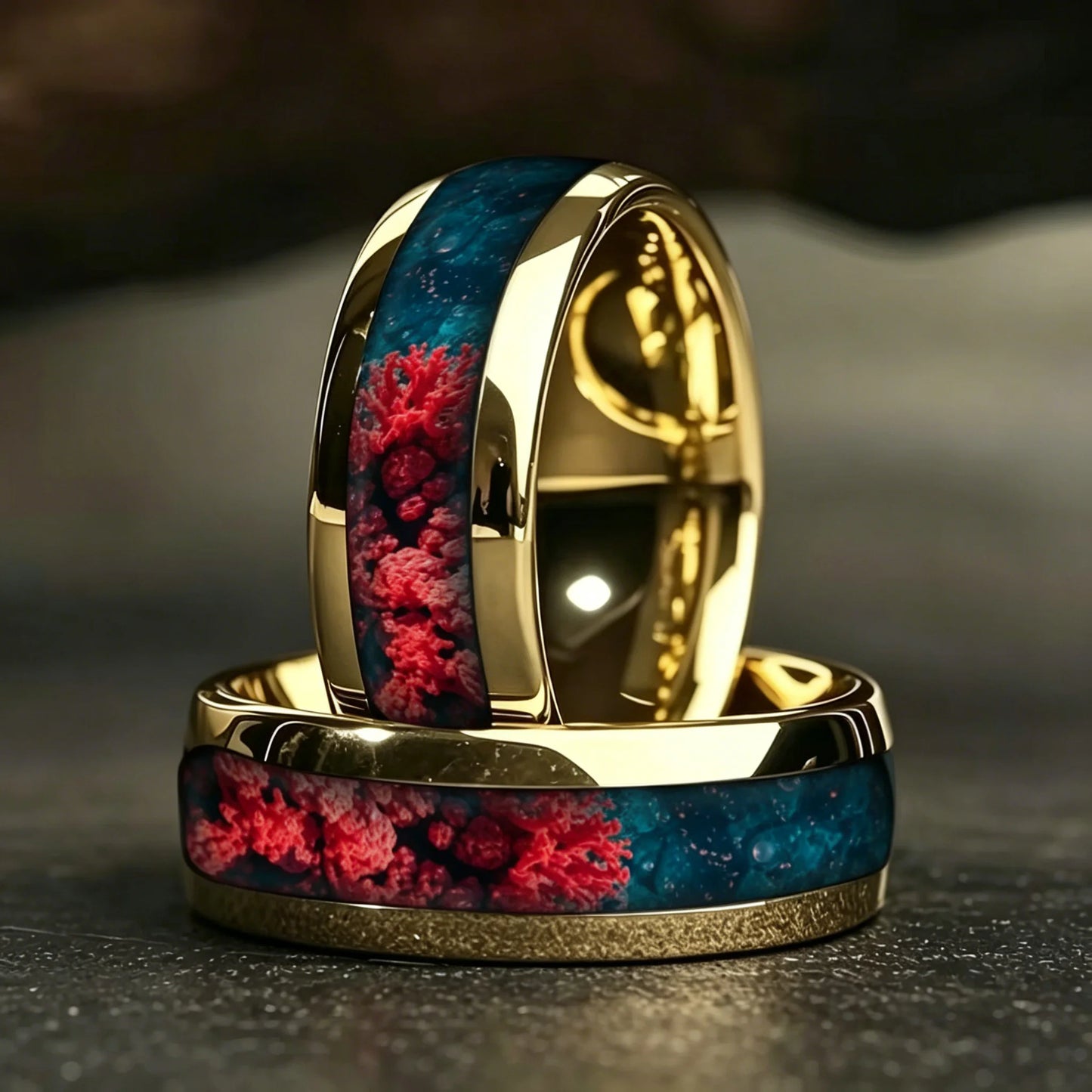 Fashion 8MM Gold Color Stainless Steel Rings For Men Domed Red and Blue Stone Inlay Rings Wedding Engagement Jewelry Gift