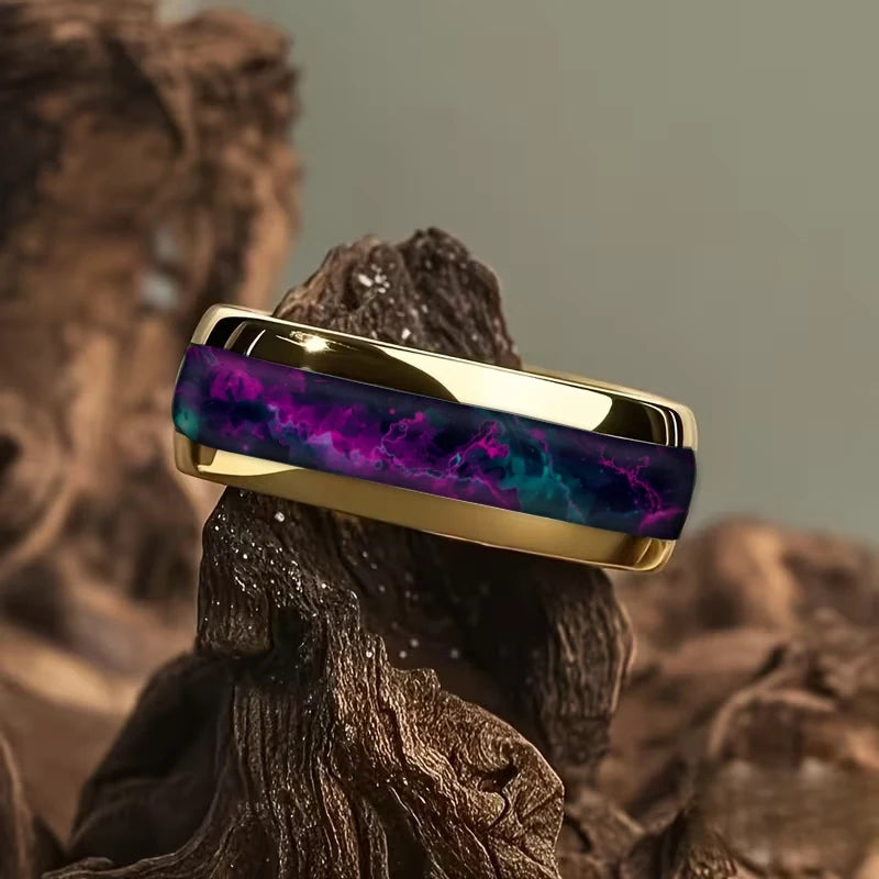 Fashion Dynamic Color Green Gradient Nebula Rings, 8mm Cosmic Starry Sky Stainless Steel Men Ring, Wedding Band Jewelry