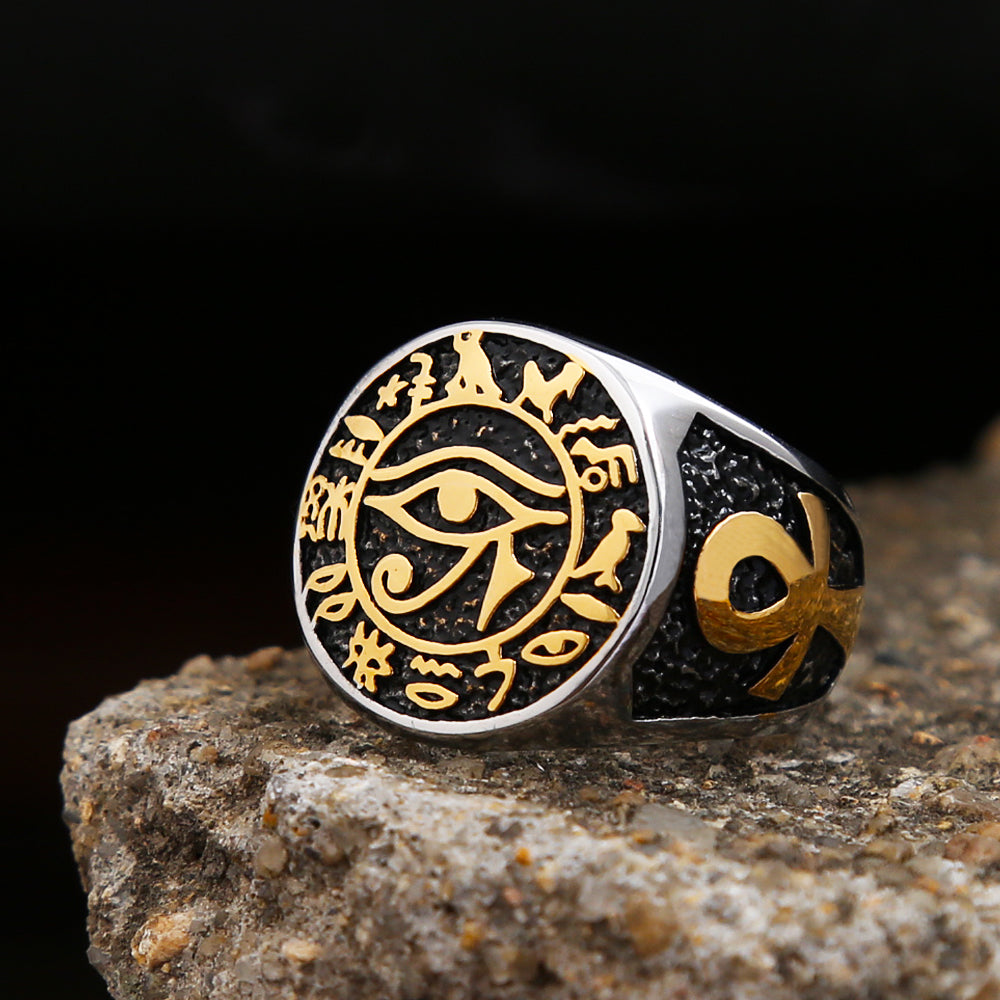 Egyptian Vintage Men Eye Of Horus Ring Fashion Stainless Steel Ankh Cross Ring Punk Biker Amulet Jewelry Gift