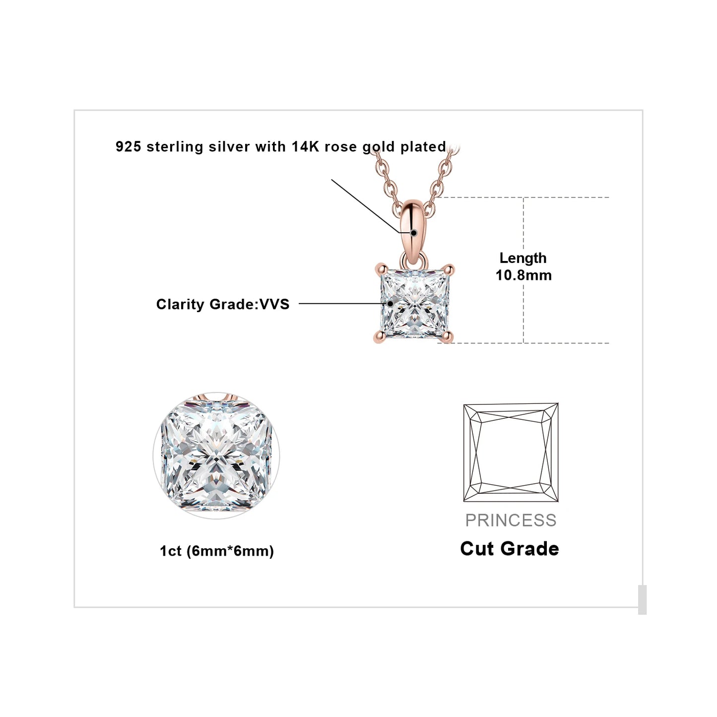 JewelryPalace Moissanite D Color 1ct Princess 925 Sterling Silver Pendant Necklace for Woman No Chain Yellow Rose Gold Plated Rose Gold Plated CHINA