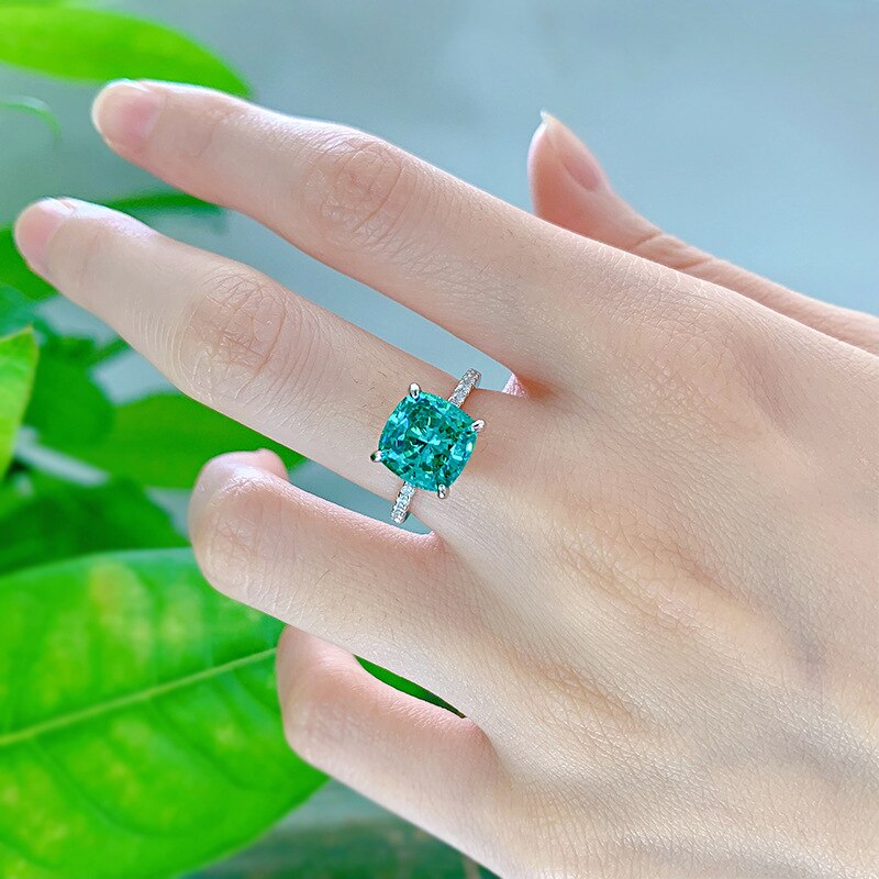 PANSYSEN Vintage Solid 925 Sterling Silver 9MM Green Paraiba Tourmalin High Carbon Diamond Ring for Women Fine Jewelry