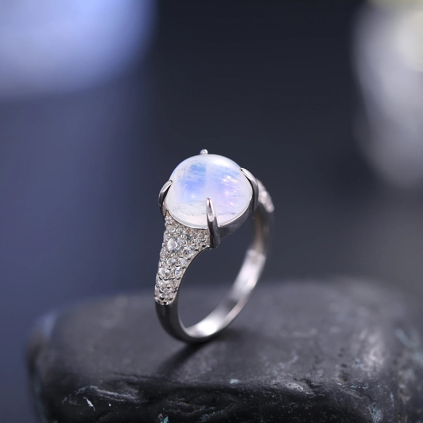 GEM'S BALLET Natural Rainbow Moonstone Dainty Gemstone Rings, 925 Sterling Silver, Gift For Her, Promise Ring, June Birthstone