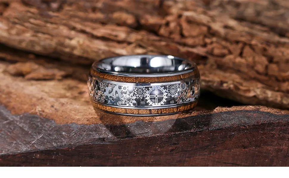 Hiphop Steampunk Men Black Stainless Steel Gear Wheel Rings Koa Wood Inlay Black Carbon Fiber Rings for Men Rock Biker Jewelry
