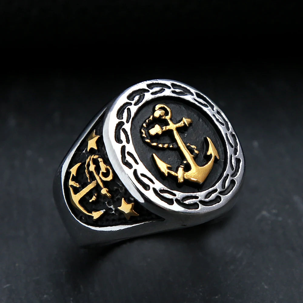 Fashion Steel Color Stainless Steel Anchor Ring Vintage Punk Biker Rings For Men Unique Amulet Jewelry Gifts Dropshipping Gold