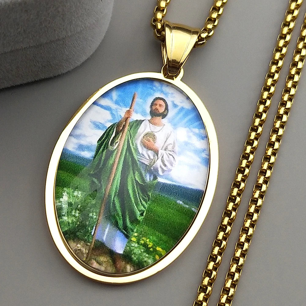Christian San Judas Tadeo Glass Medal Pendant Necklace for Women Men Stainless Steel Gold Color Saint Jude Amulet Jewelry Gift