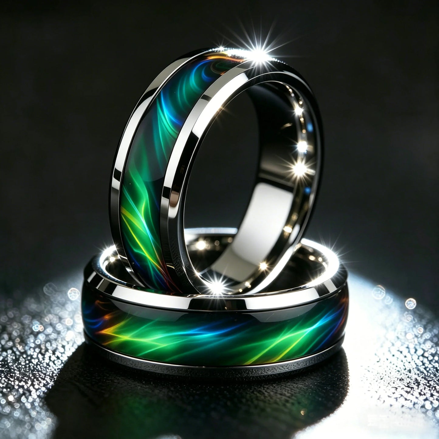 Men's Green Aurora Nebula Stainless Steel Ring, Silver Color Polished with Malachite Inlay, Punk Biker Jewelry Gift for Him
