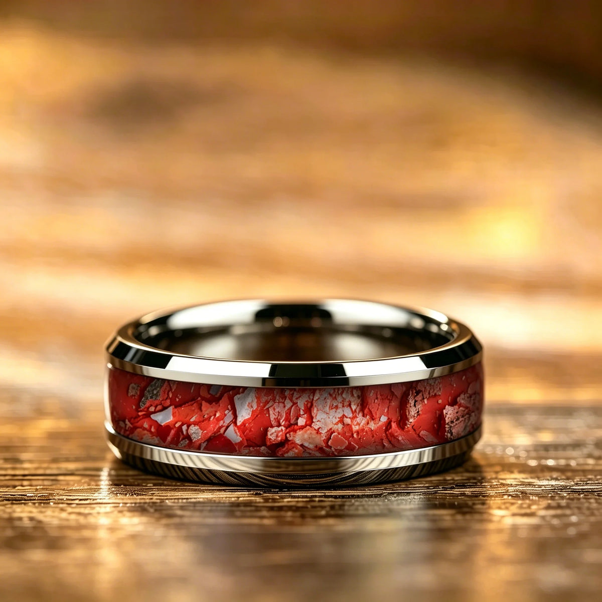 8mm Red White Stone Grain Stainless Steel Ring, Cool Promise Wedding Band for Men & Women, Comfort Fit, Wedding Band Jewelry