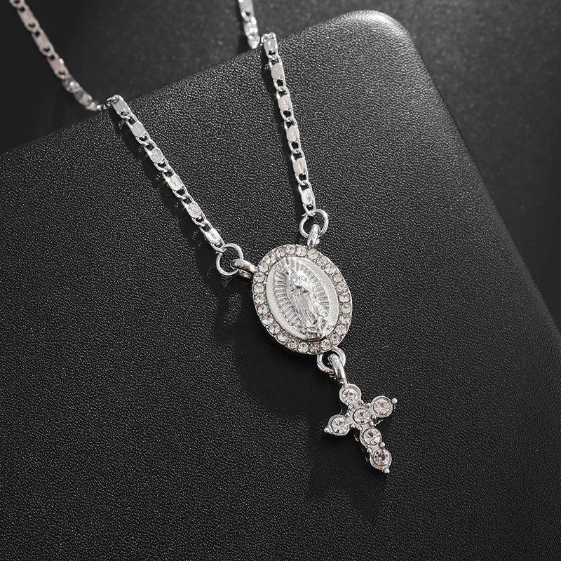 Classic Catholic Virgin Mary Square Pendant Necklace for Men Women Christian Religious Prayer Amulets Jewelry Gifts