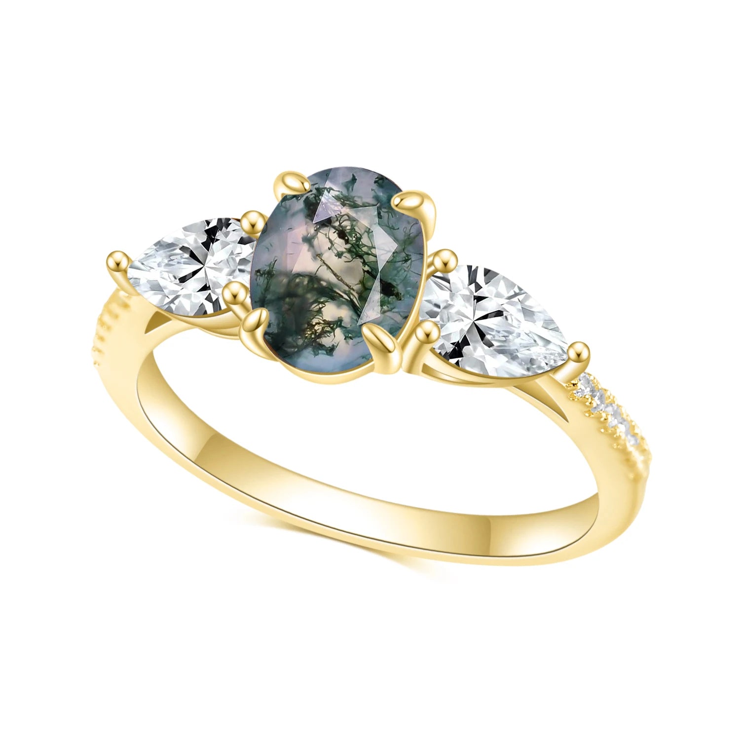 GEM'S BALLET Elegant 1.18CT Oval Cut Moss Agate Classic Three Stone Engagement Rings in 925 Sterling Silver Gift For Her 925 Sterling Silver Moss Agate-G