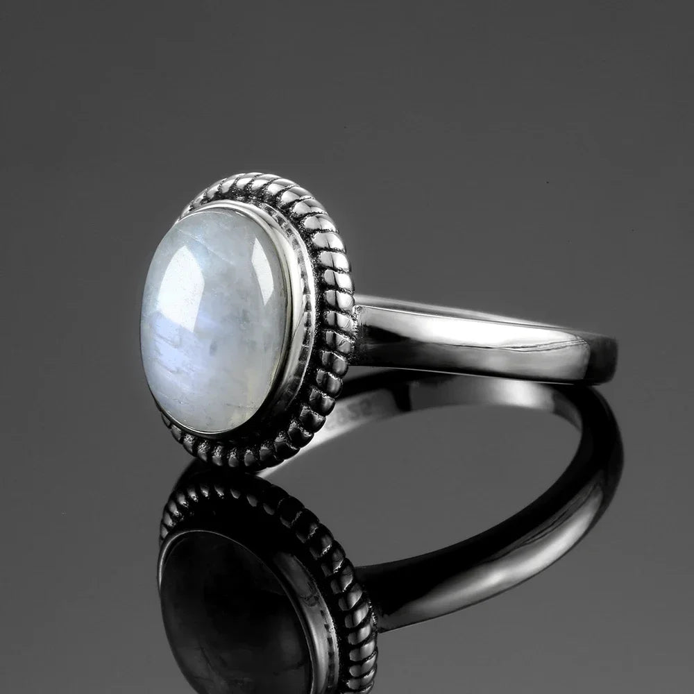 Round Oval Big Natural Moonstones Rings Women's 925 Sterling Silver Rings Gifts Vintage Fine Jewelry