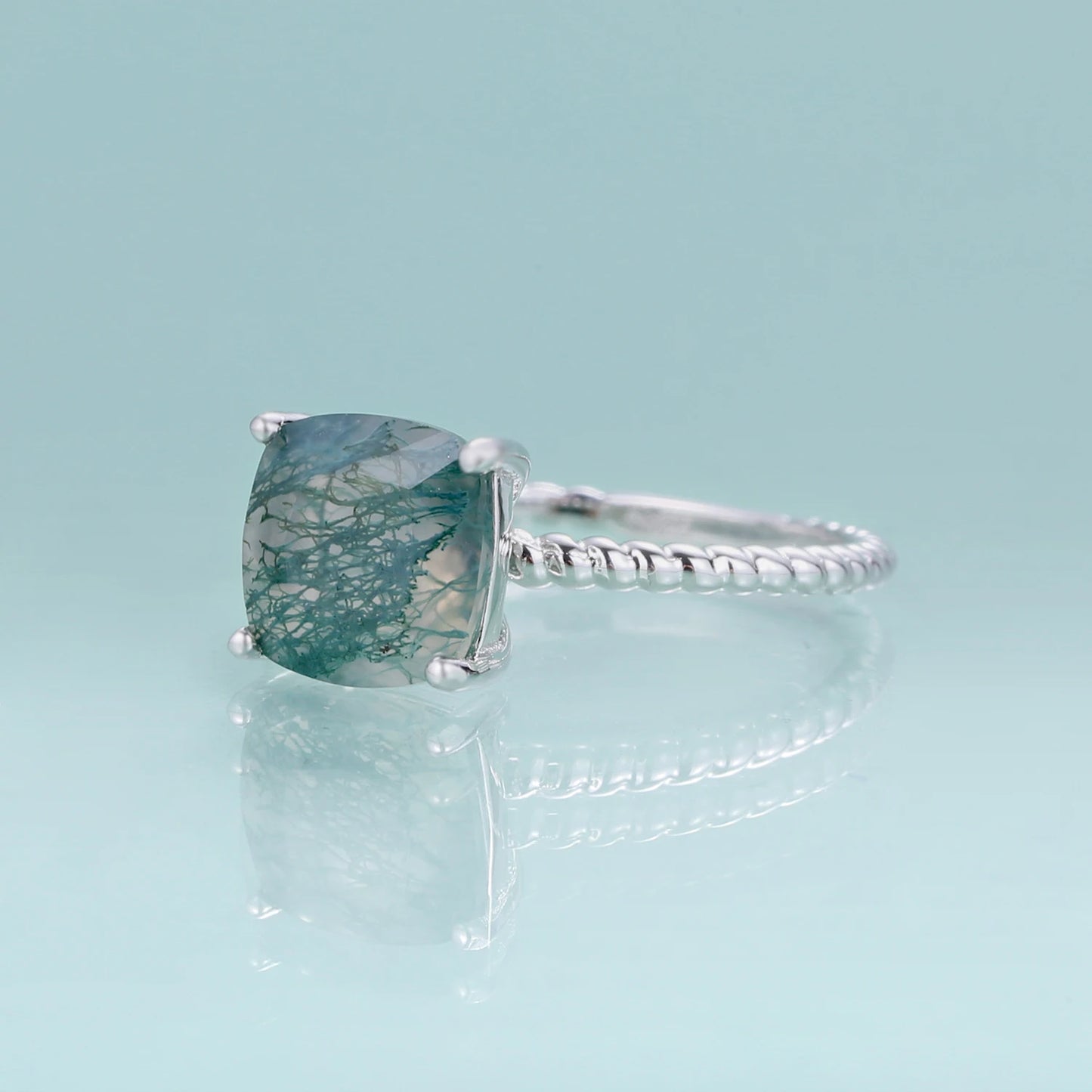 GEM'S BALLET 2.25Ct 8x8mm Cushion Moss Agate Gemstone Promise Engagement Rings 925 Sterling Silver Stripes Ring Gift For Her