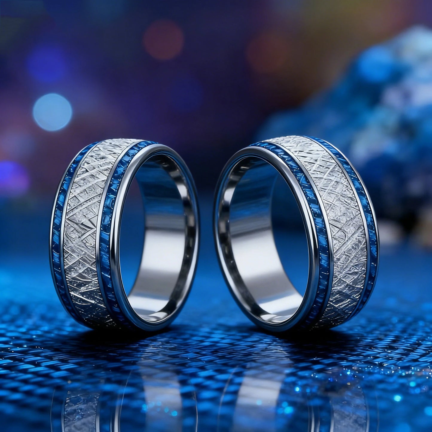 Fashion 8mm Silver Color Stainless Steel Rings for Men, Meteorite Carbon Fiber Inlay Dome Engagement Ring, Men Wedding Jewelry