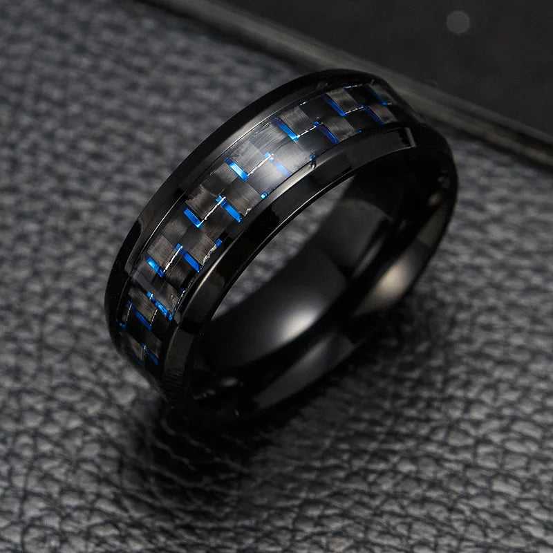 Fashion 8mm Black Stainless Steel Dragon Rings For Men Women Inlaid Blue Carbon Fiber Men Rings Punk Wedding Band Jewelry Gifts