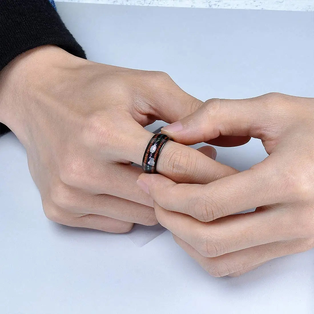 Fashion 8MM Rose Gold Color Stainless Steel Rings For Men Women Colorful Abalone Shell  Inlaid Men Rings Wedding Party Jewelry