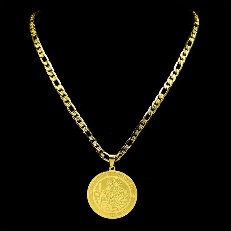 Jesus Saint Christopher Protect Us Pendant Necklace For Women Men Stainless Steel Gold Color Round Party Christian Jewelry
