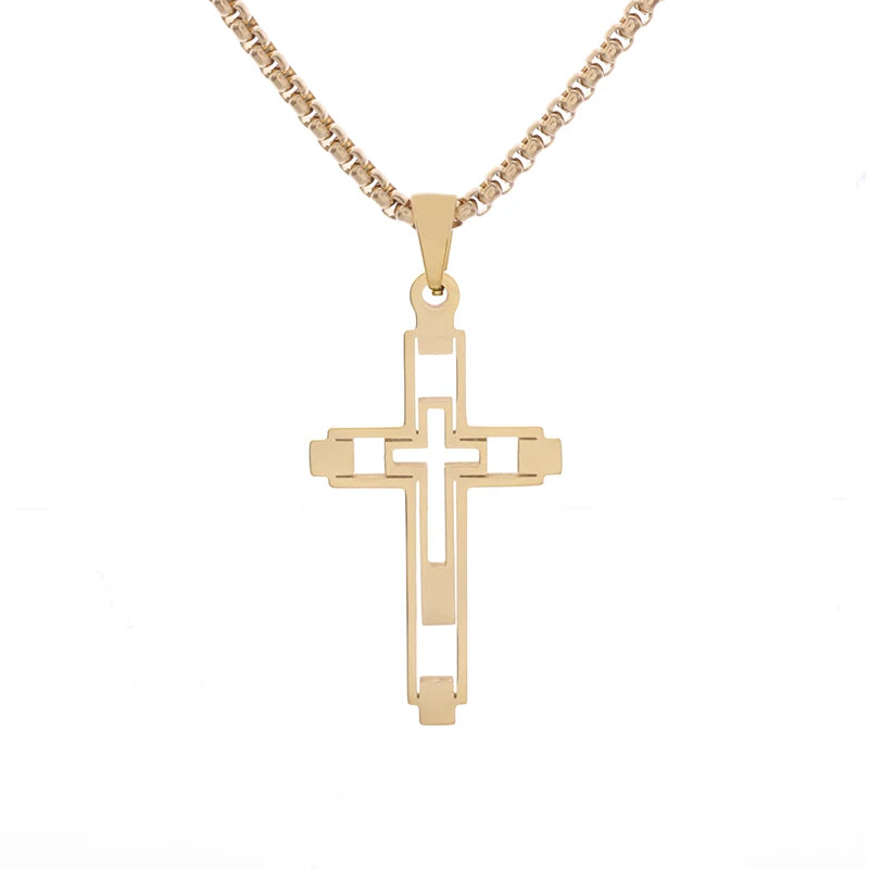 Fashion Creative Cutout Double Cross Stainless Steel Pendant Necklace for Men Classic Women Church Prayer Jewelry