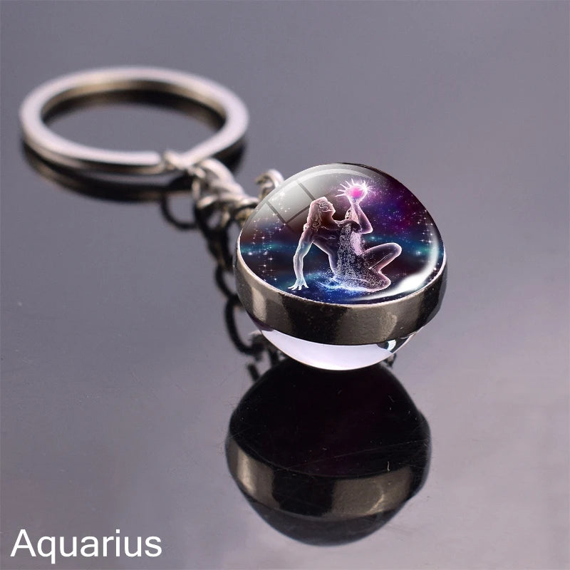 12 Zodiac Sign Keychain Sphere Ball Crystal Key Rings Scorpio Leo Aries Constellation Birthday Gift for Women and Mens Aquarius 2