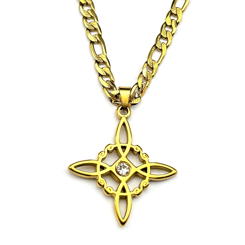 Stainless Steel Witch Knot Pendant Necklace for Women Men Gold Silver Color Rhinestone Wicca Pagan Chain Amulet Lucky Jewelry