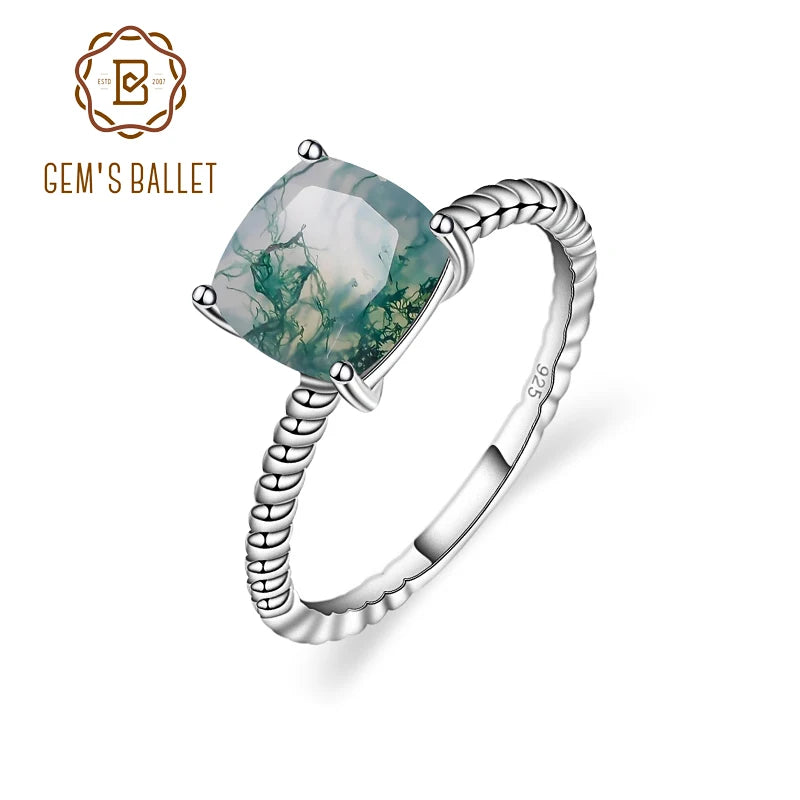 GEM'S BALLET 2.25Ct 8x8mm Cushion Moss Agate Gemstone Promise Engagement Rings 925 Sterling Silver Stripes Ring Gift For Her