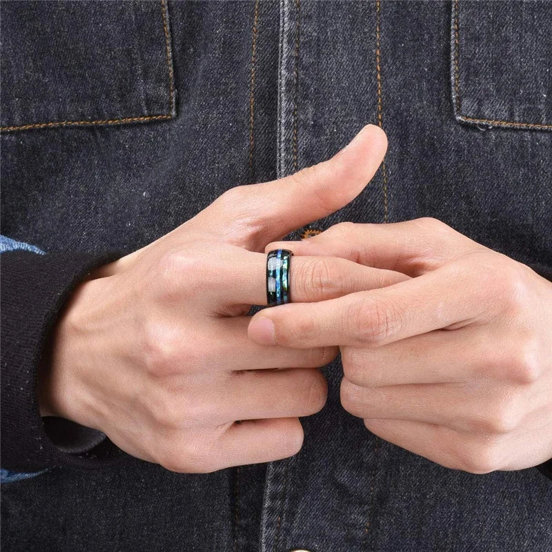 Fashion 8MM Rose Gold Color Stainless Steel Rings For Men Women Colorful Abalone Shell  Inlaid Men Rings Wedding Party Jewelry