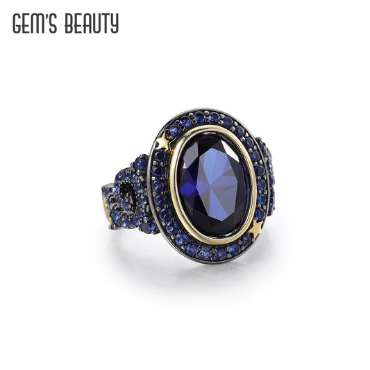 GEM'S BALLE Vintage Style 925 Sterling Silver lab Blue Sapphire Statement Ring Art Deco Handmade Engagement Ring For Women