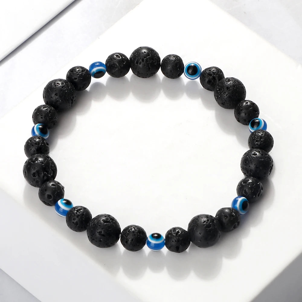 Blue Evil Eye Beaded Bracelets Natural Cat Eye Stone 6 8mm Opal Men Bangles Adjustable Women Bracelet Lucky Yoga Jewelry Gifts