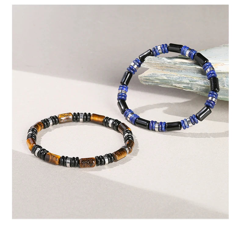 JD Natural Yellow Tiger Eye Stone Tube Shape Bracelets for Women Men Classic Stainless Steel Elastic Bangles Yoga Energy Gifts