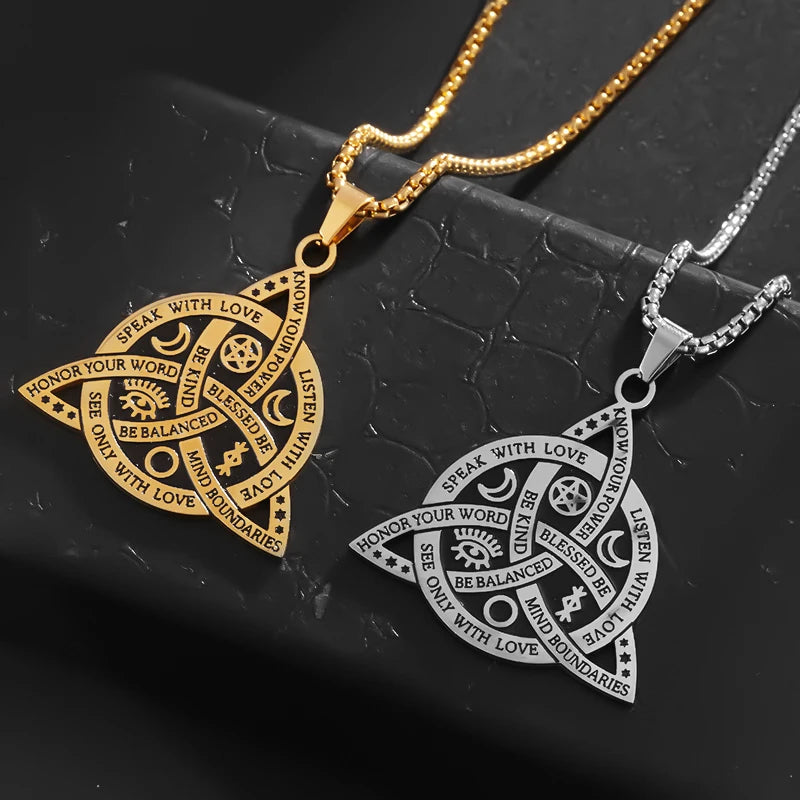 Stainless Steel Vintage Irish Celtic Trinity Knot Pendant Wiccan Witch Knot Moon Star Totem Necklace Men's Fashion Lucky Jewelry