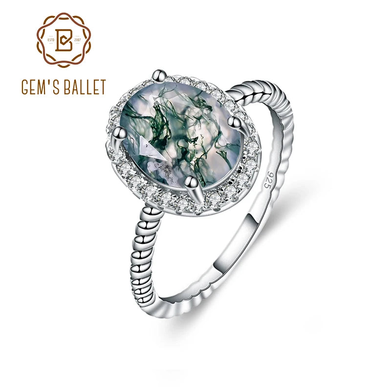 GEM'S BALLET 925 Sterling Silver Stripes Ring 1.8Ct 7x9mm Oval Shape Moss Agate Gemstone Halo Engagement Rings Gift For Her