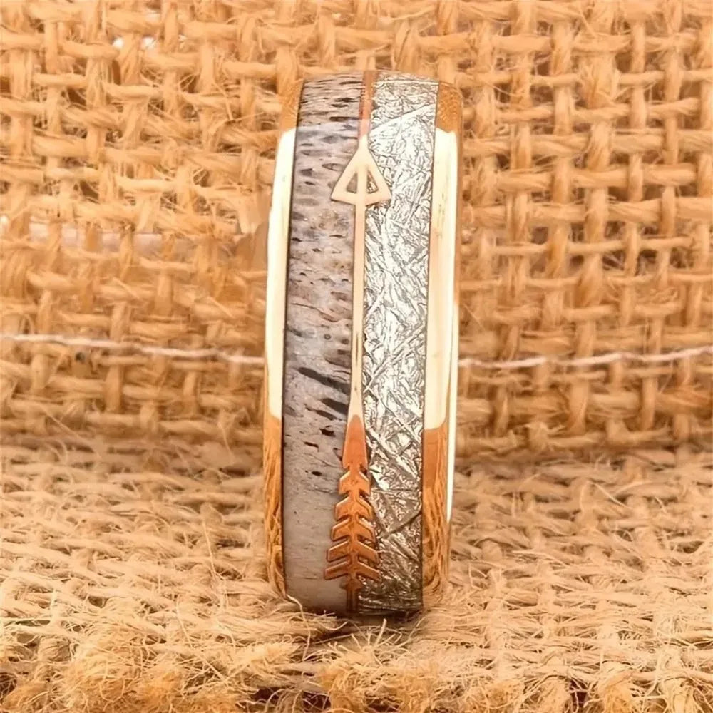 Fashion 8mm Men Stainless Steel Rings Rose Gold Color Brushed Deer Antler And Meteorite Arrow Rings for Men Wedding Band Jewelry