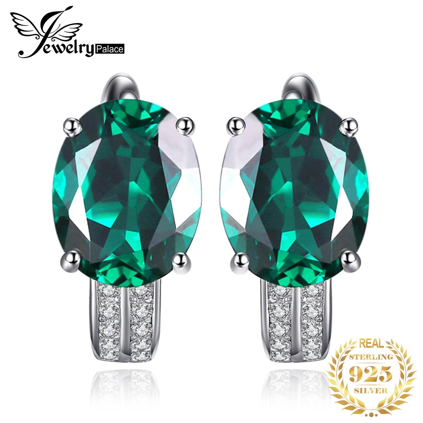 JewelryPalace 3.4ct Green Created Emerald 925 Sterling Silver Clip Hoop Earrings for Women Engagement Gift Fashion Fine Jewelry