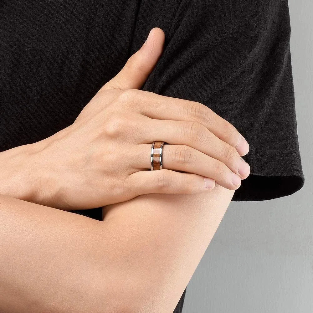 Fashion 8mm Men Black Titanium Wedding Rings Koa Wood Inlay Stainless Steel Rings For Men Wedding Band Anniversary Birthday Gift