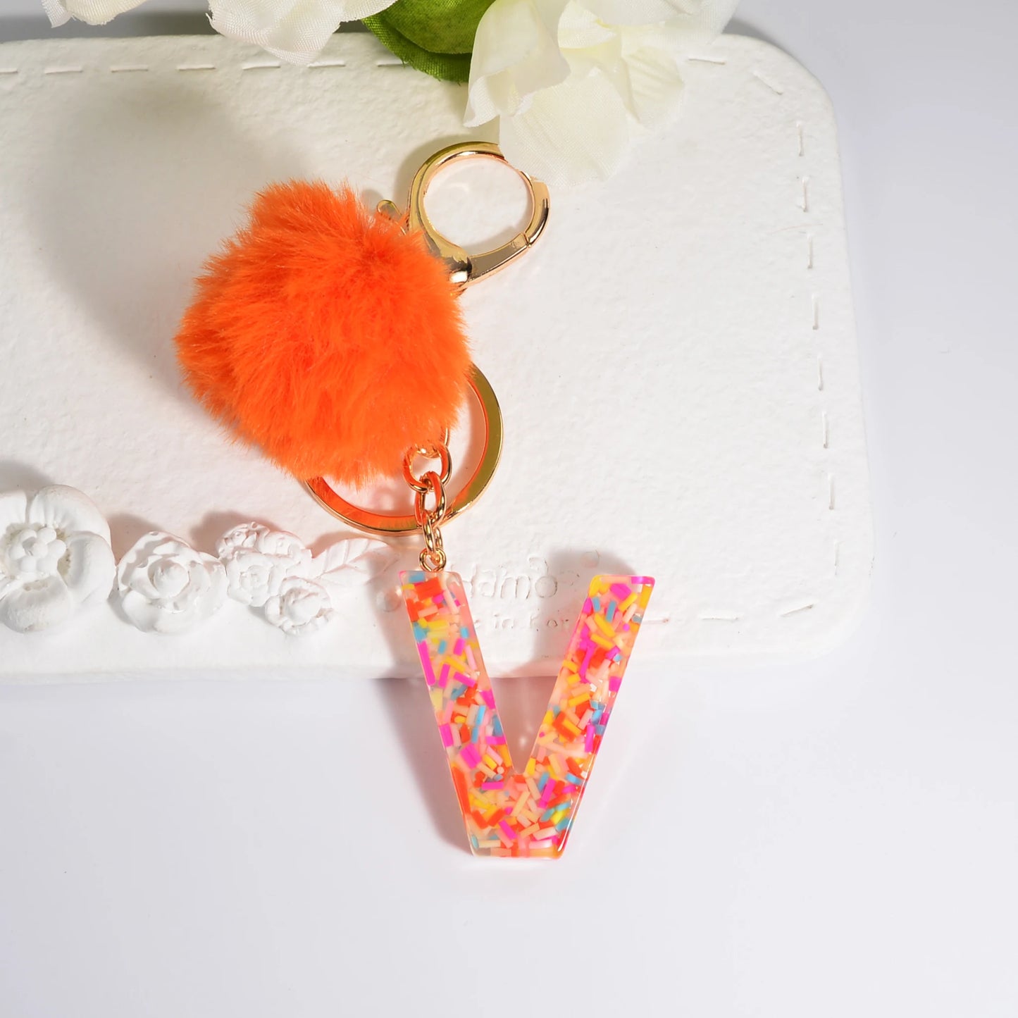New Orange Stripe Filled Initial Letter Keychain With Orange Pom-Pom Women Girls Sweet Bag Purse Charm A-Z 26 Letters Pendant SKC-Y05-V CHINA