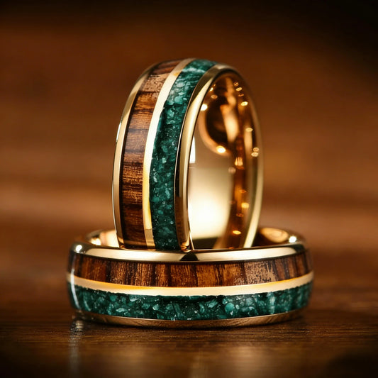 With Malachite and Koa Wood Inlay Fashion 8mm Golden Men Stainless Steel Rings for Men Wedding Band Jewelry Gift Drop Shipping