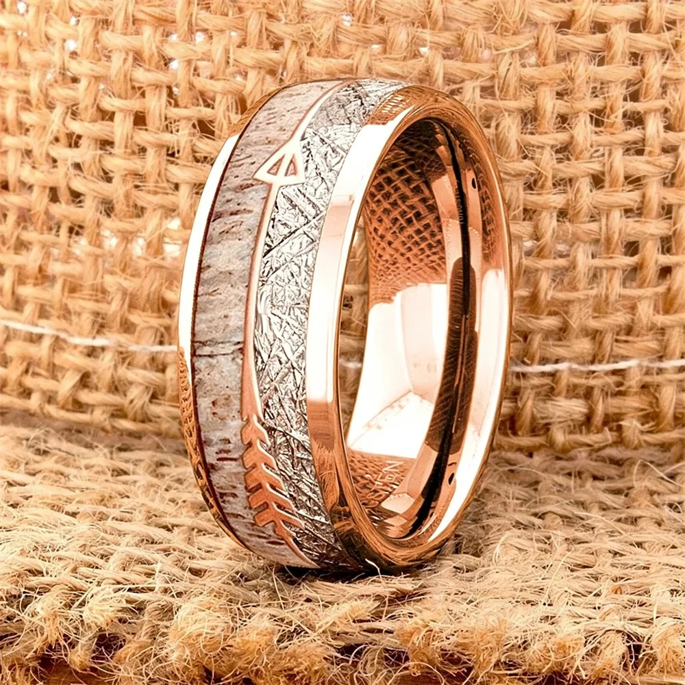 Fashion 8mm Men Stainless Steel Rings Rose Gold Color Brushed Deer Antler And Meteorite Arrow Rings for Men Wedding Band Jewelry