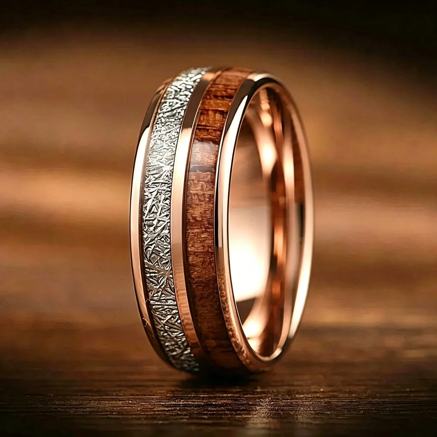 Luxury Red Opal & Meteorite Inlay Rings for Men Women, Fashion 8mm Silver Color Men Stainless Steel Rings, Wedding Band Jewelry