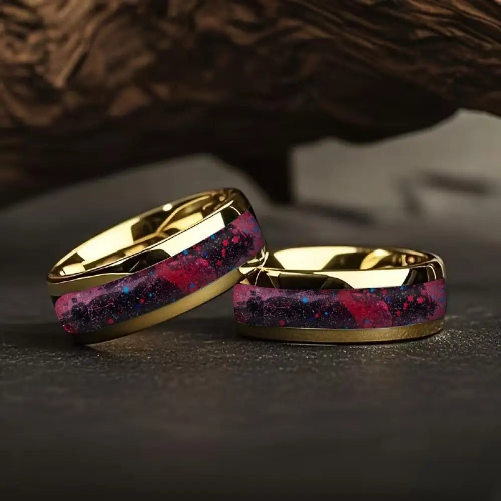 With Purple Red Starry Sky Pattern Rings, 8mm Cosmic Starry Sky Stainless Steel Men Ring, Wedding Band Jewelry Drop Ship